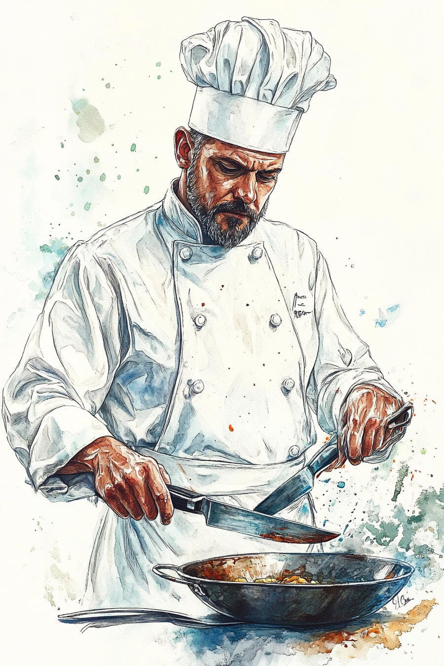 Chef barbudo focado cozinhando com faca e panela estilo aquarela