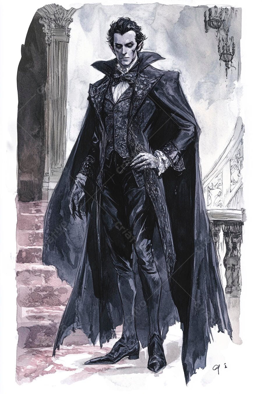 Homem vampiro aristocrata de capa preta em mansão gótica sombria