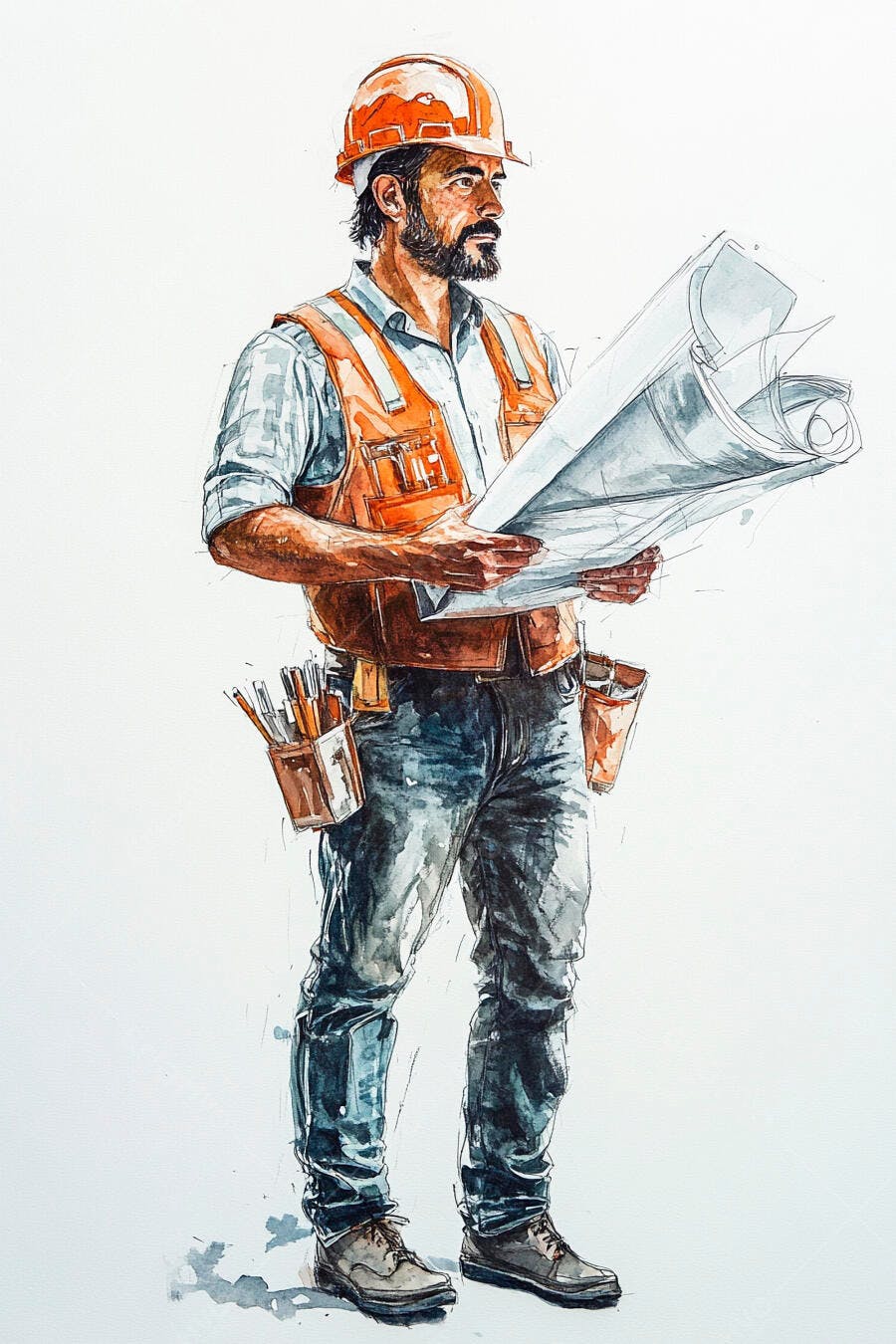 Engenheiro barbudo com capacete laranja e colete refletivo revisando plantas aquarela