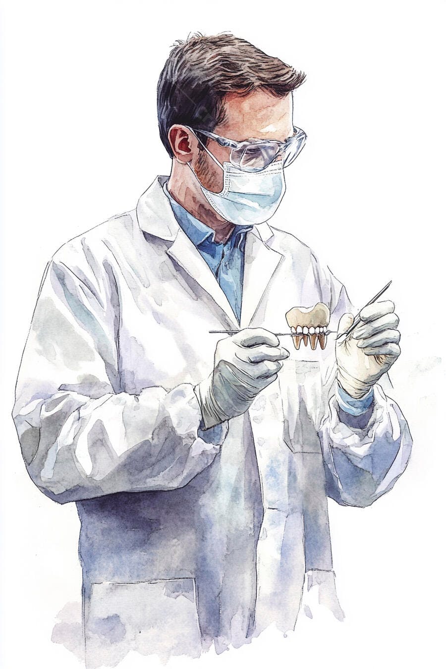 Homem dentista de óculos e máscara examinando implantes dentários em aquarela