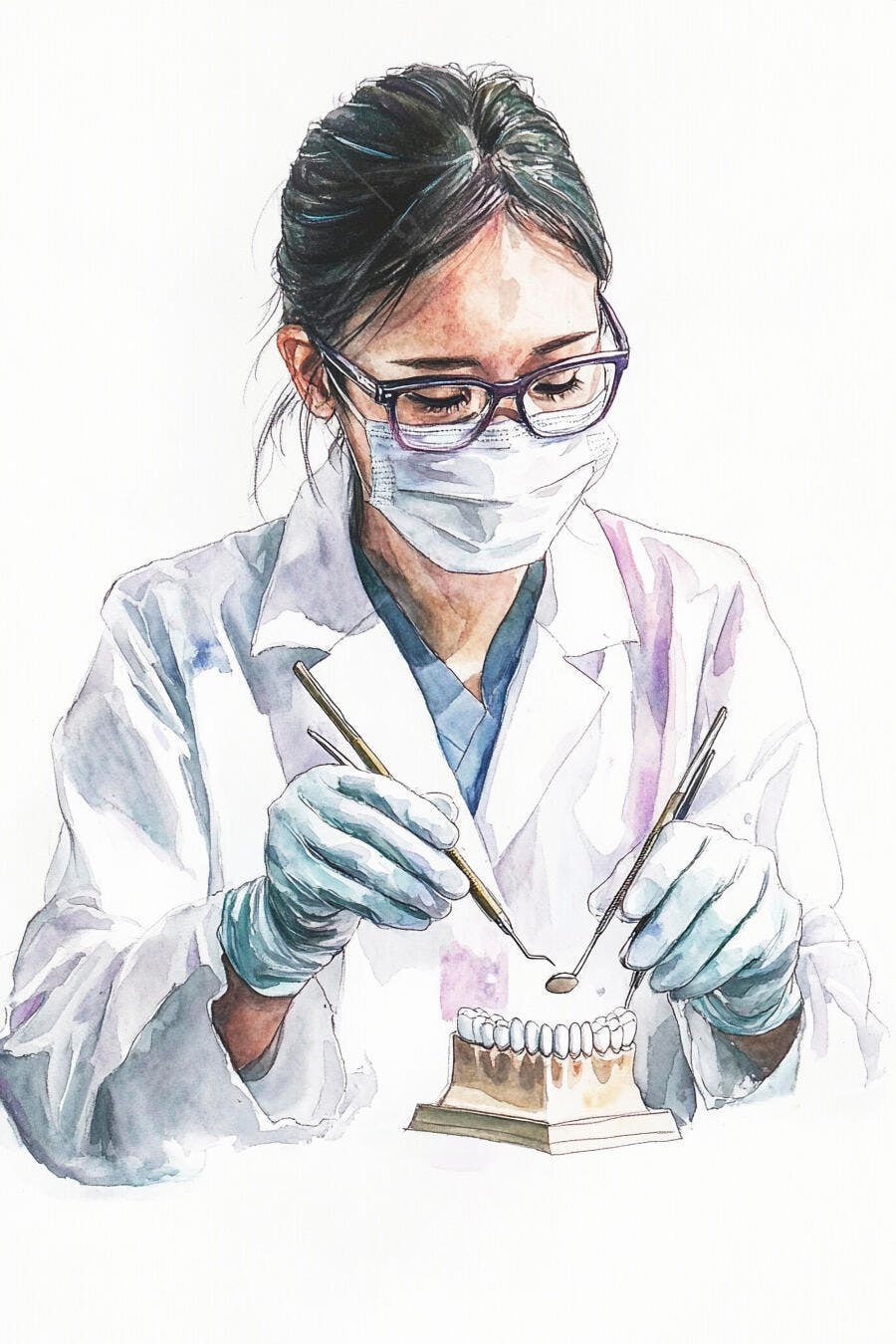 Mulher asiática dentista examinando modelo de dentes em aquarela