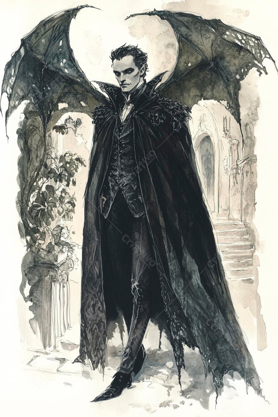 Vampiro alado de capa preta em entrada de castelo sombrio