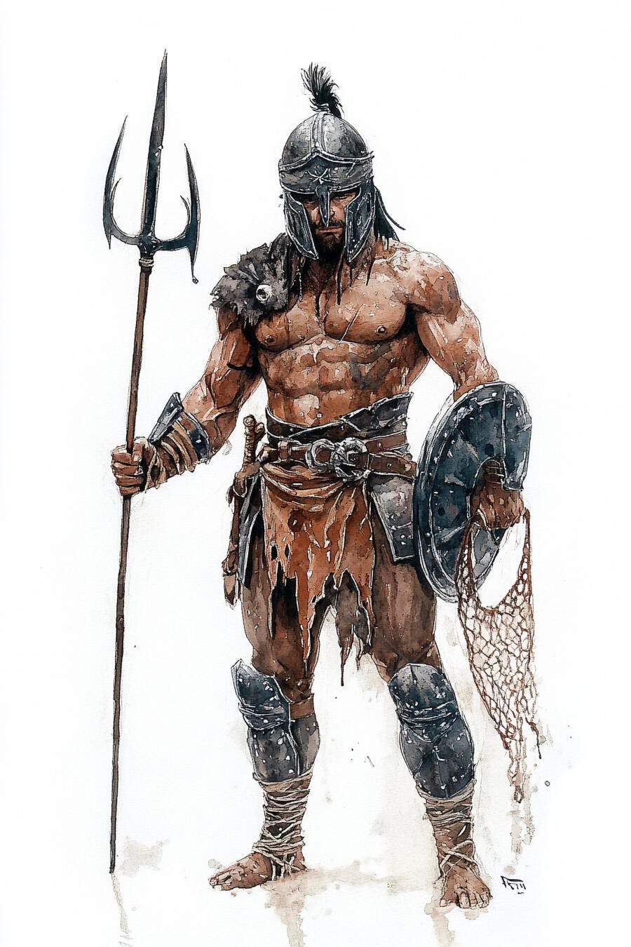 Gladiador musculoso com tridente e escudo em armadura romana antiga