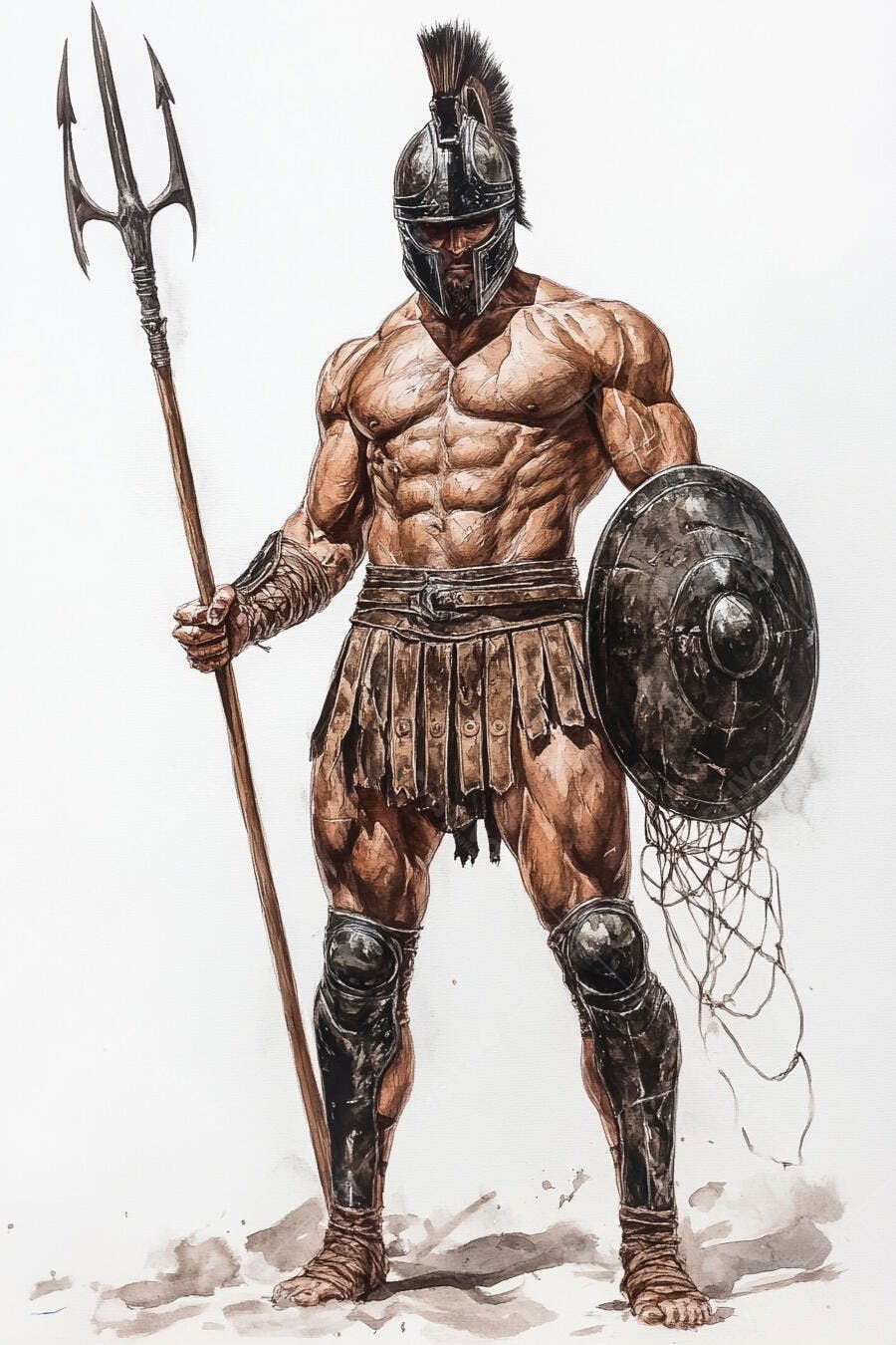 Guerreiro musculoso com tridente e escudo em armadura antiga