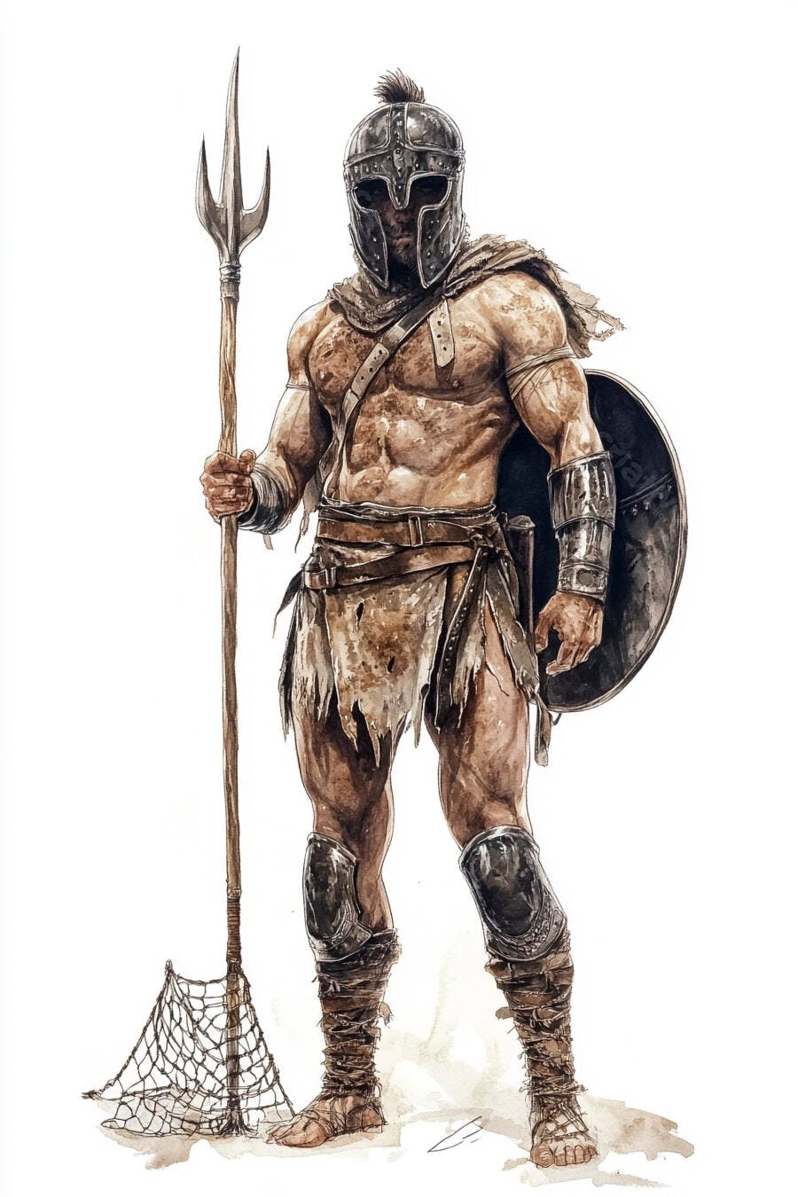Gladiador romano musculoso com capacete tridente escudo em tons terrosos arte aquarela