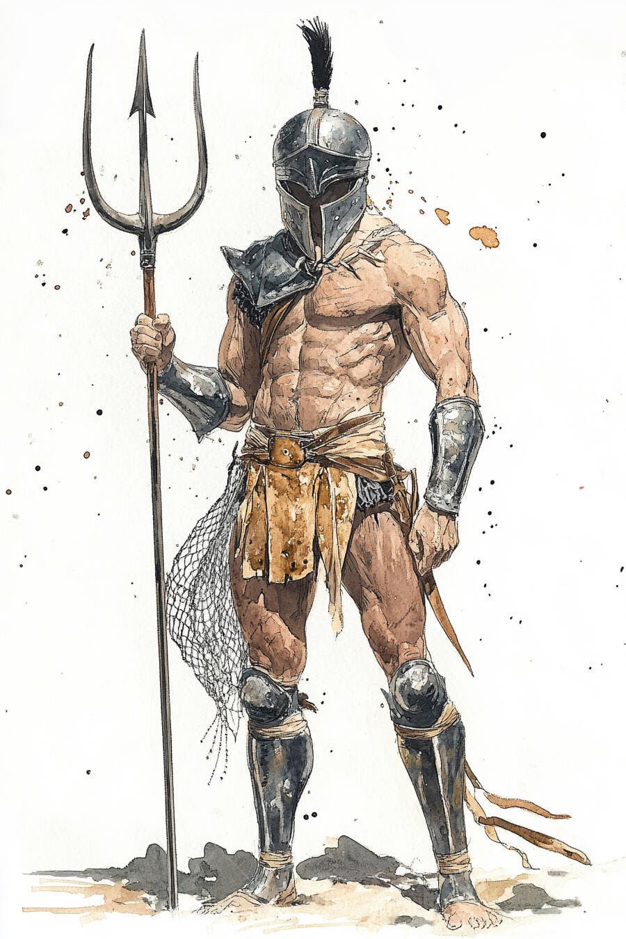 Gladiador romano musculoso com tridente e armadura em aquarela