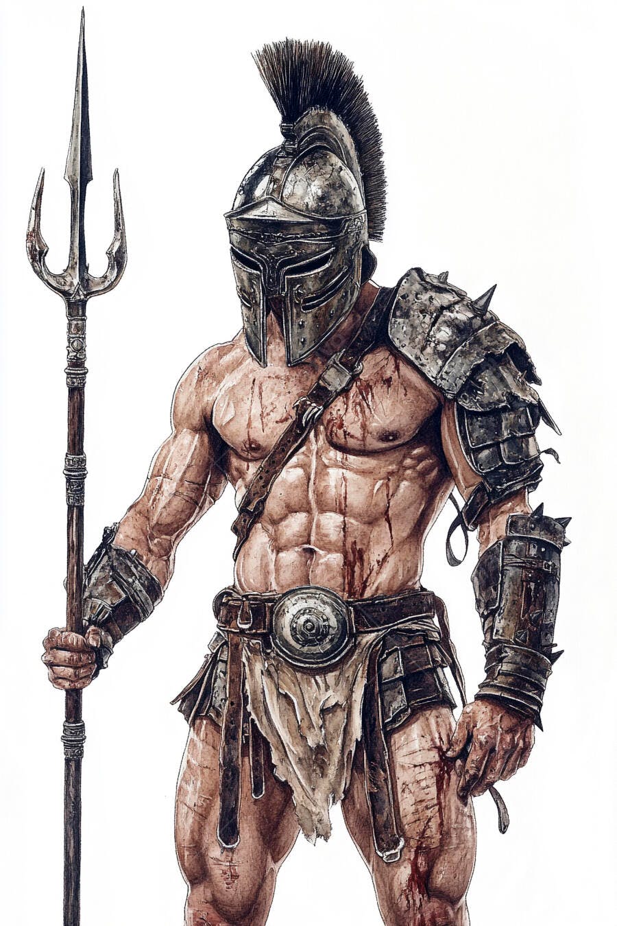 Guerreiro romano musculoso com tridente em combate sangrento