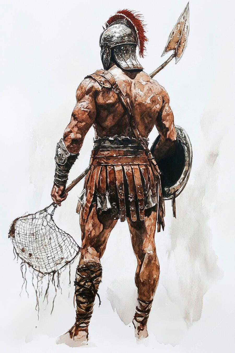 Gladiador romano musculoso com armadura de couro e elmo pluma vermelha aquarela