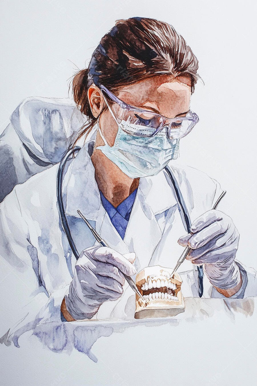 Mulher dentista focada em modelo dentário com instrumentos em aquarela