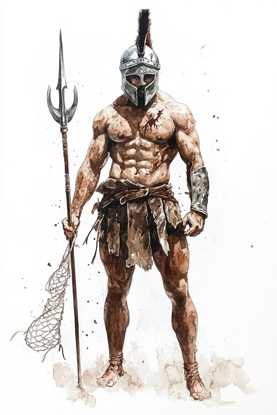 Guerreiro espartano musculoso ferido com tridente e capacete em aquarela