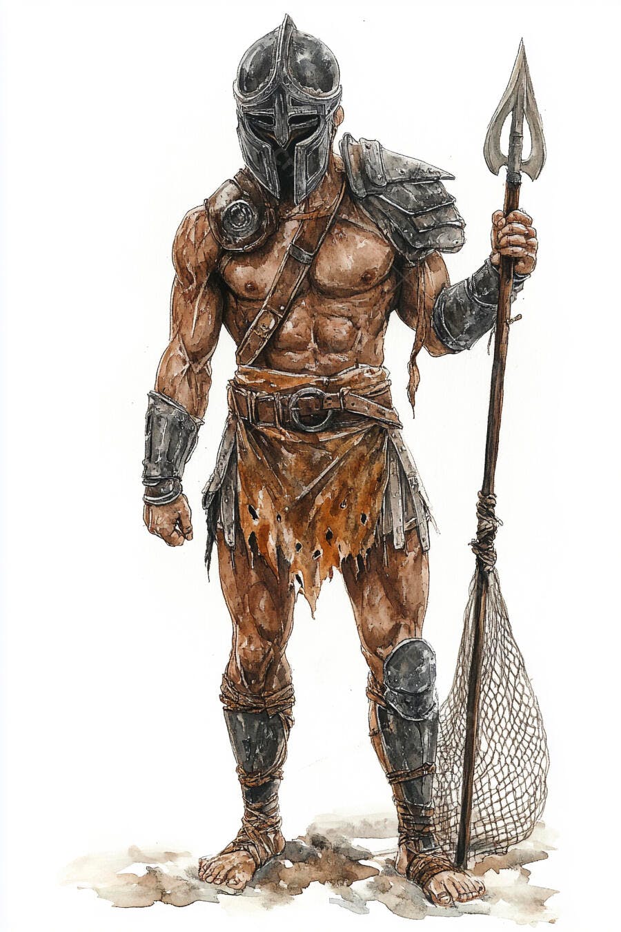 Gladiador Retiário musculoso com tridente e rede ilustração aquarela