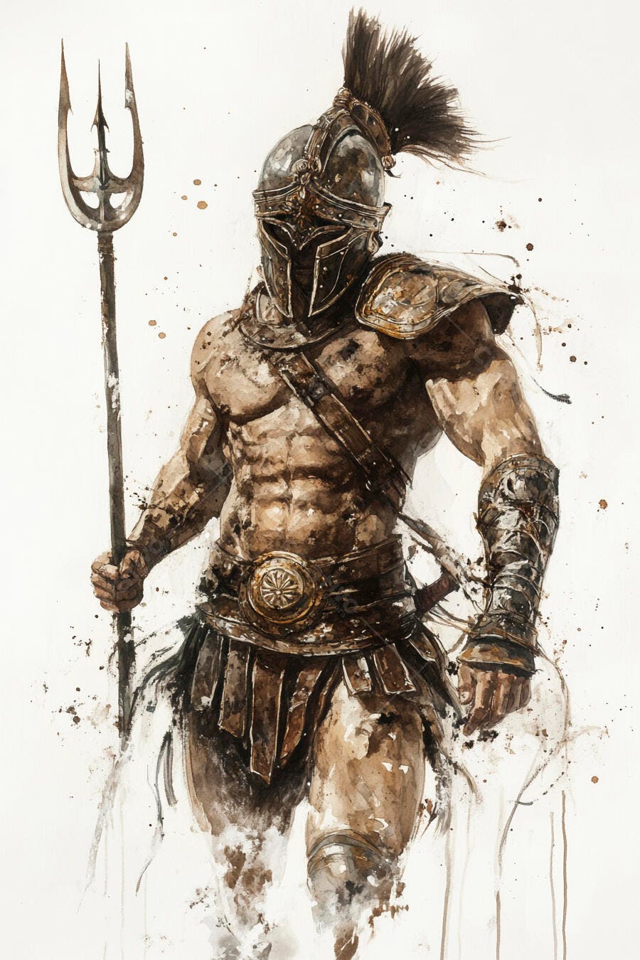 Guerreiro romano musculoso com tridente em armadura antiga ilustração aquarela