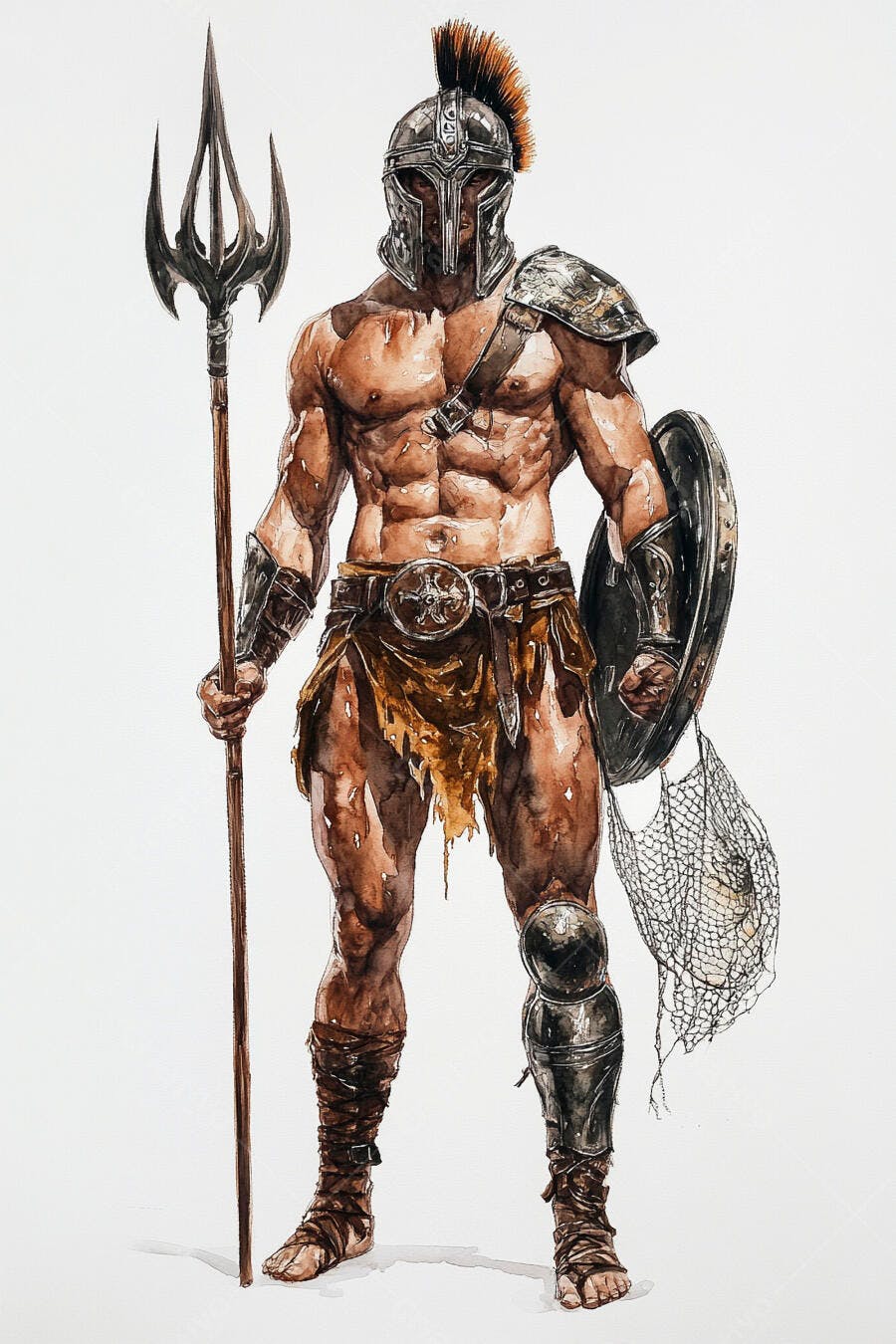 Gladiador romano musculoso com tridente e escudo em armadura antiga