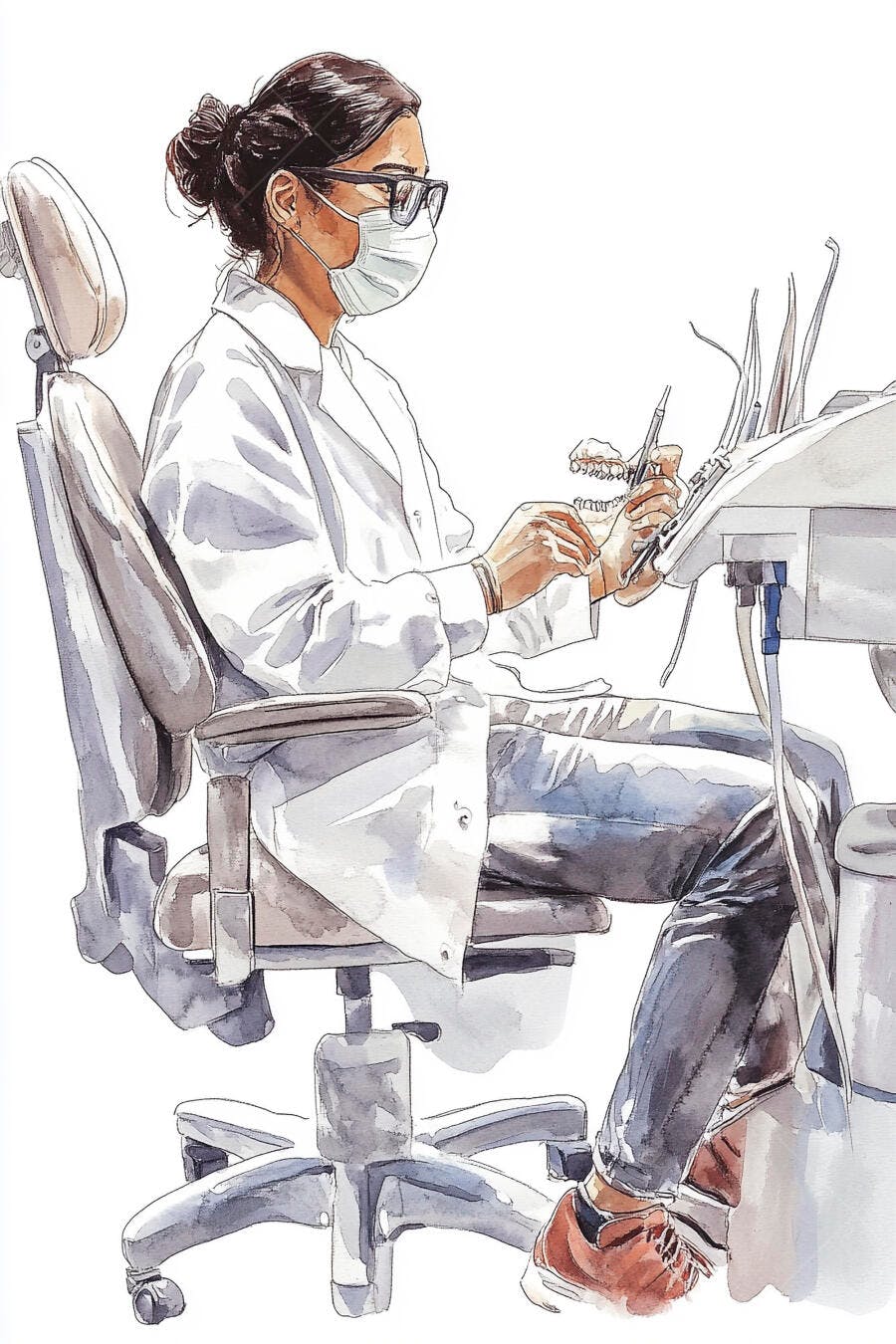 Dentista mulher asiática com máscara e jaleco branco examinando molde dental