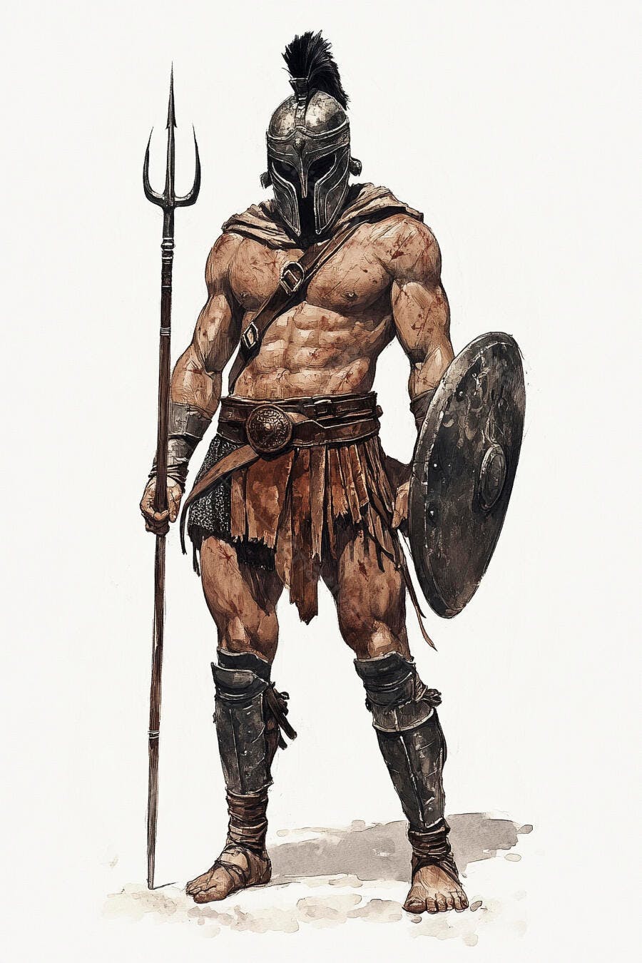 Guerreiro espartano musculoso com capacete tridente e escudo em estilo aquarela