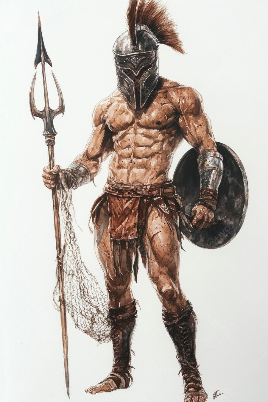 Gladiador romano musculoso com tridente e escudo aquarela