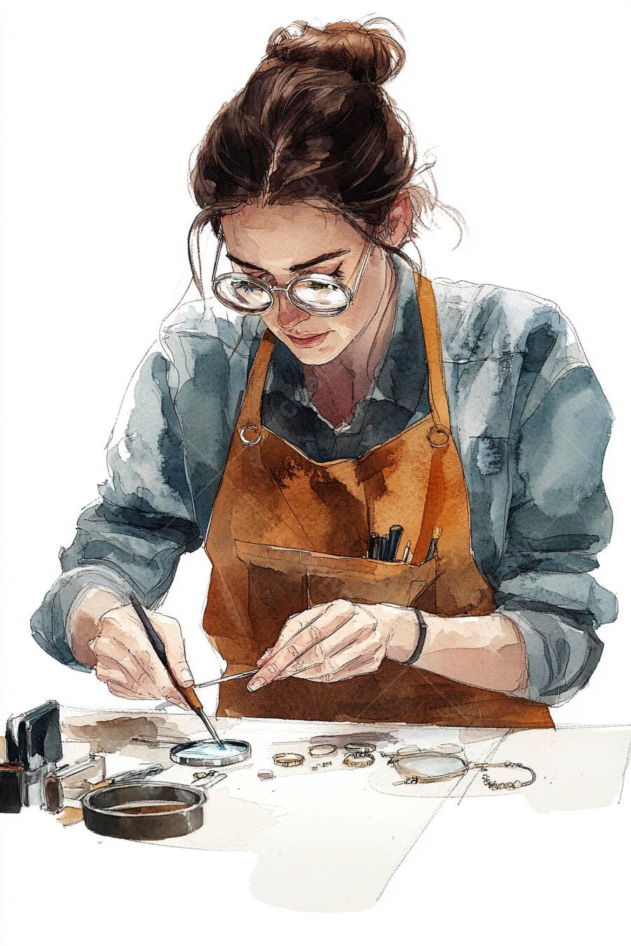 Mulher branca artesã focada em joias com avental marrom e óculos ilustrado