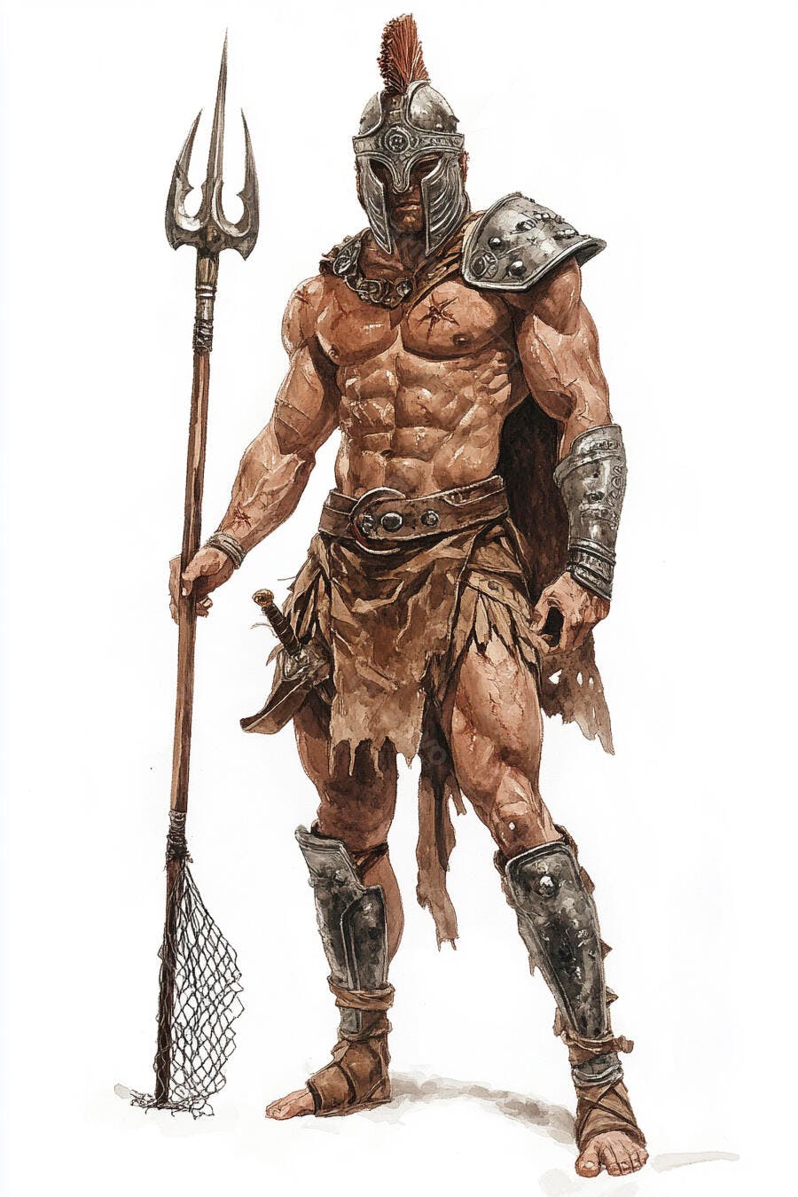 Gladiador musculoso com tridente armadura cinza e roupa marrom em aquarela