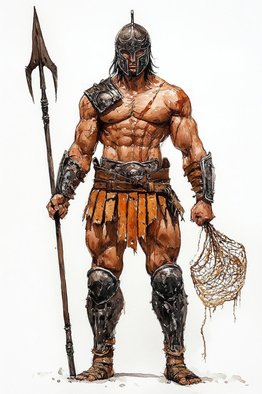Gladiador musculoso com tridente e rede em aquarela
