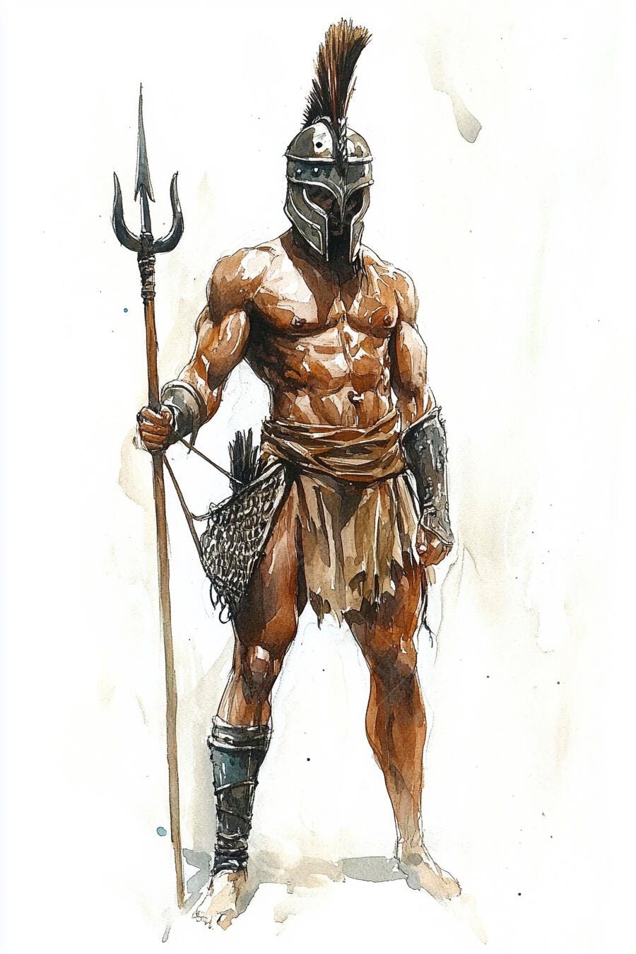 Guerreiro musculoso pele bronzeada com capacete espartano e tridente aquarela