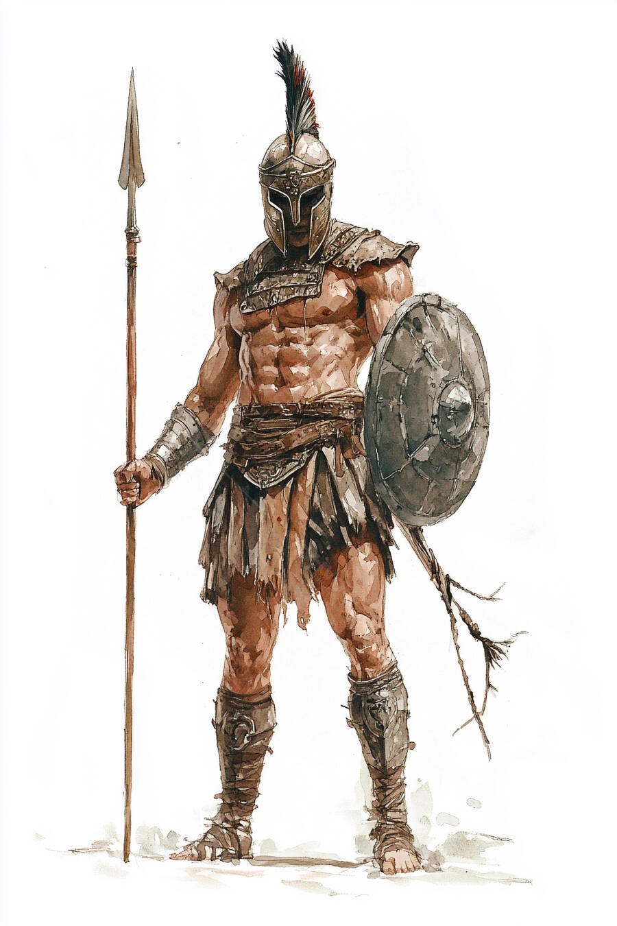 Guerreiro Espartano musculoso em armadura de bronze lança e escudo em fundo branco