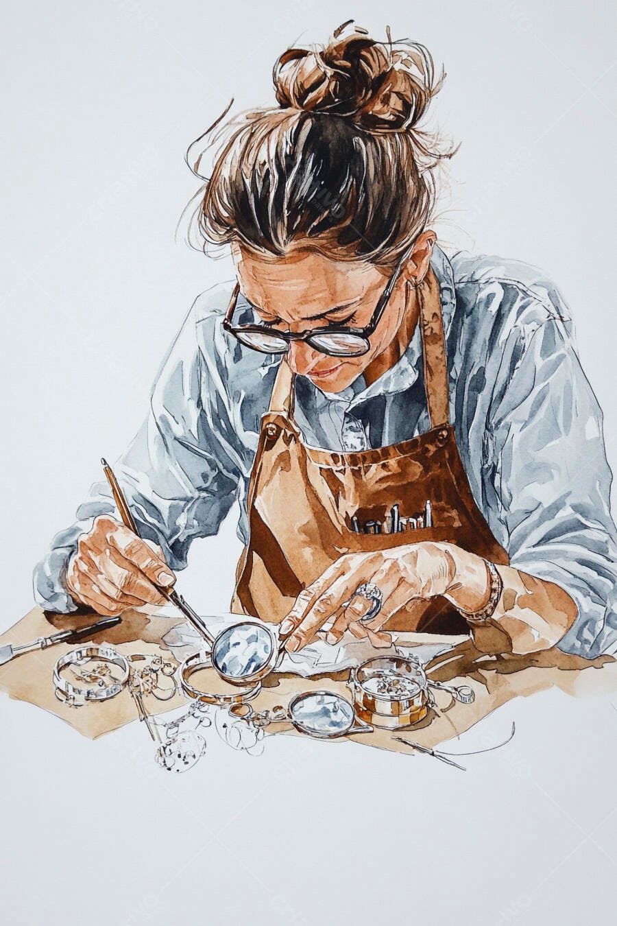 Mulher artesã concentrada restaurando relógios antigos pintura aquarela