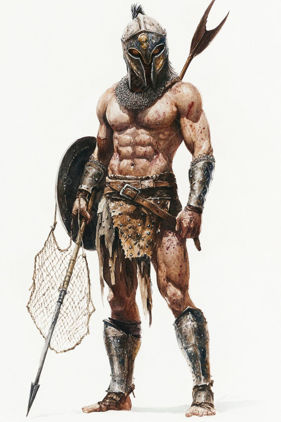 Gladiador romano musculoso com rede escudo e lança em pé