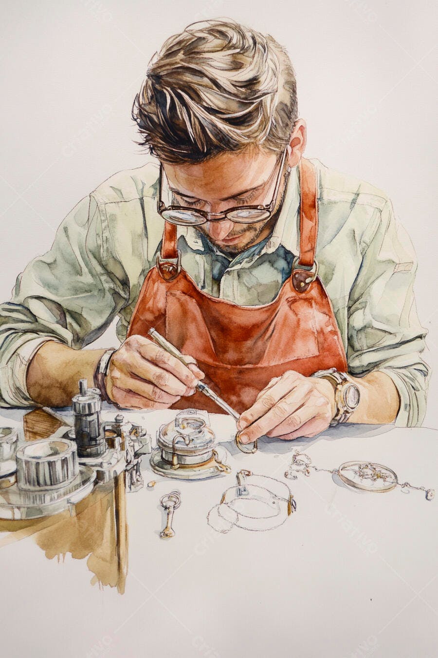 Relojoeiro artesão concentrado reparando relógio de bolso antigo aquarela