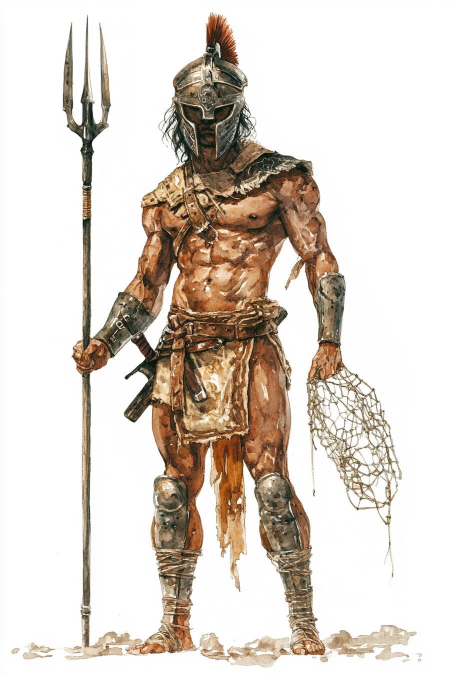 Homem gladiador romano musculoso com tridente e rede arte em aquarela