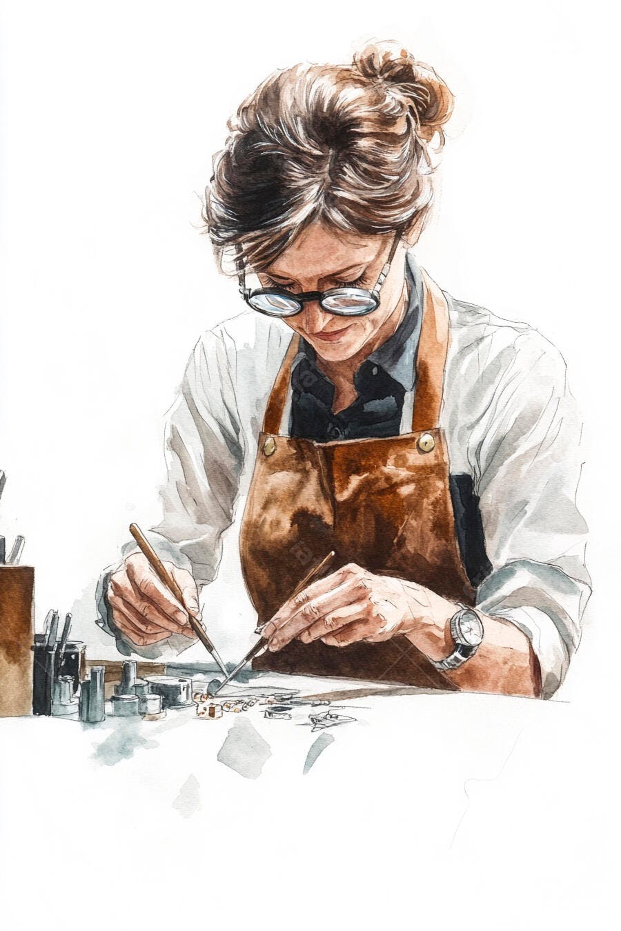 Mulher artesã meticulosa conserta relógios em aquarela