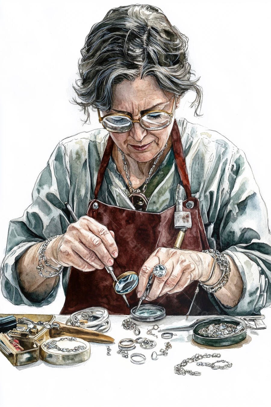 Joalheira idosa concentrada criando joias de prata em sua oficina aquarela