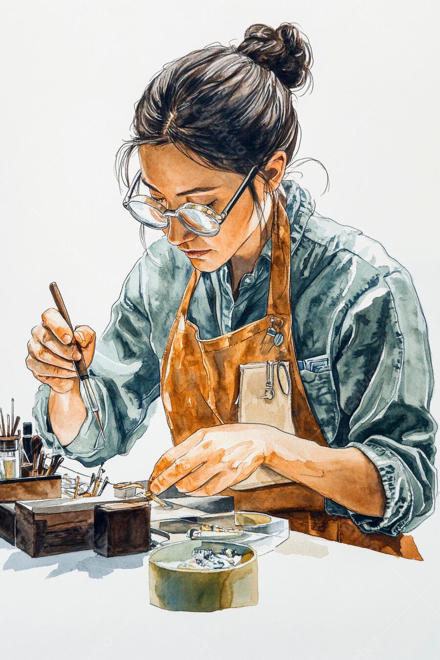 Mulher asiática artesã de joias com óculos e avental marrom trabalhando meticulosamente
