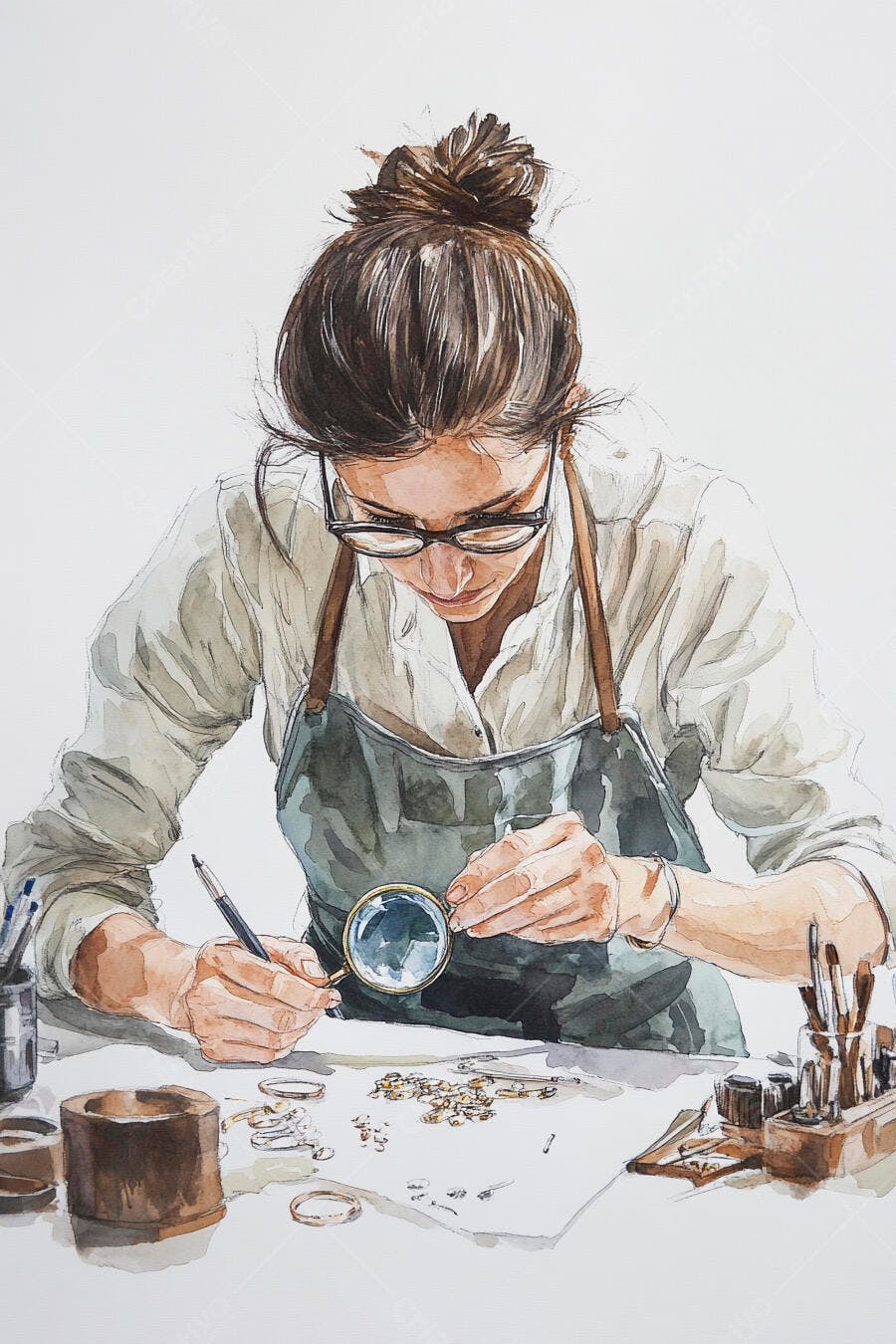Mulher joalheira examinando peças com lupa em ilustração aquarela