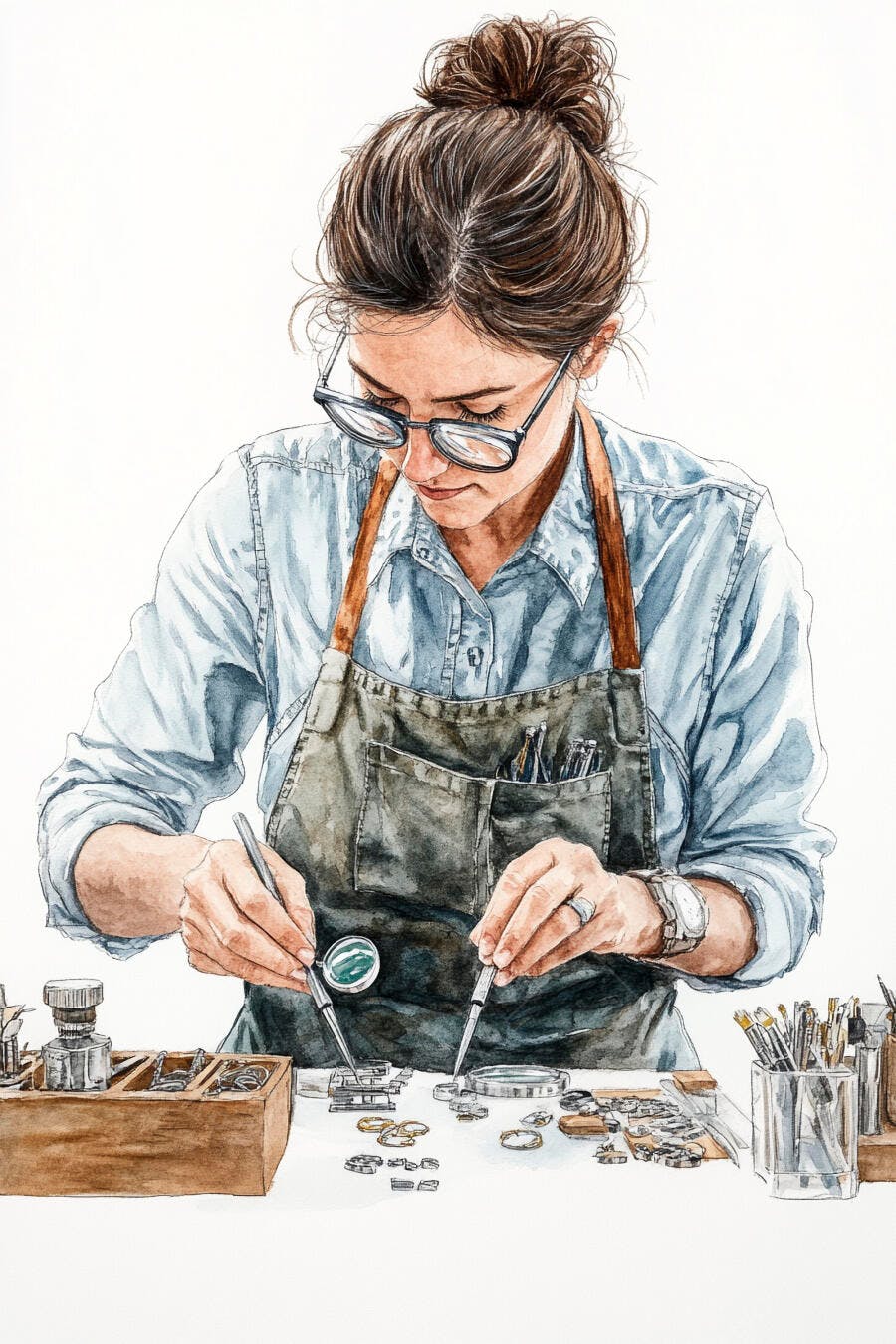Mulher joalheira artesã concentrada em aquarela montando joias delicadas