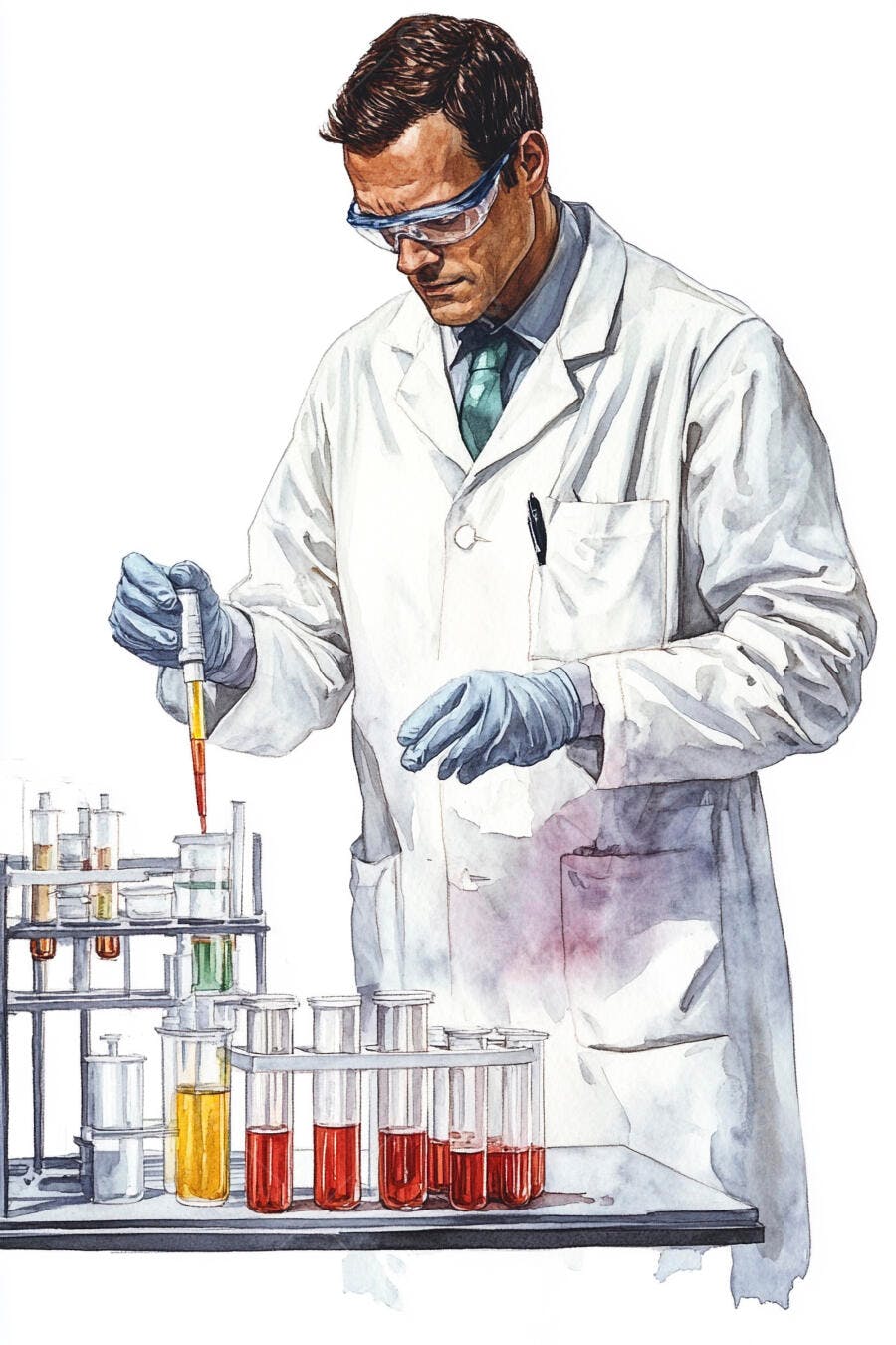 Cientista homem caucasiano em jaleco branco usando pipeta em líquidos coloridos no laboratório