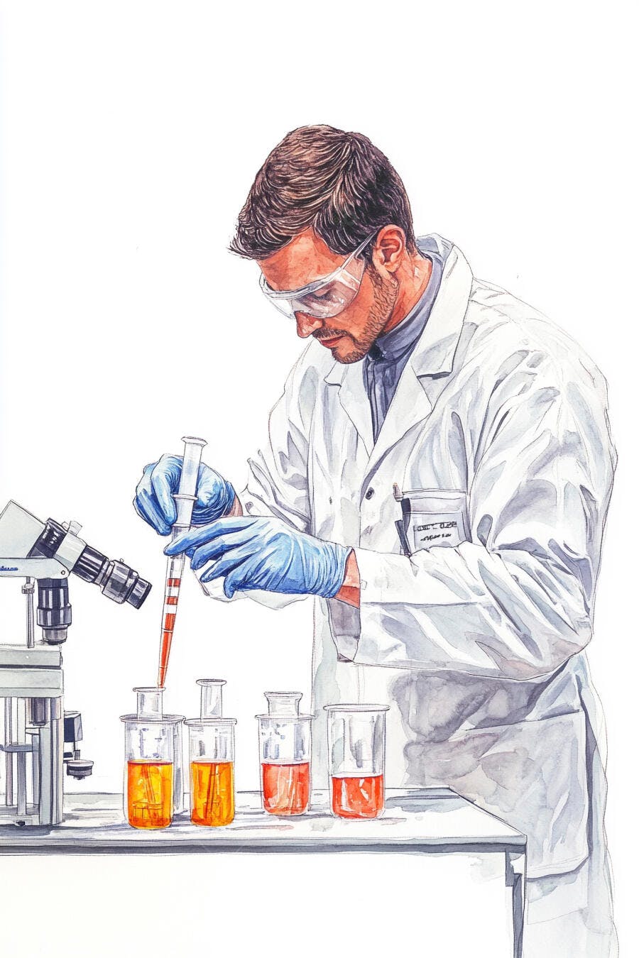 Cientista homem com óculos e luvas azuis fazendo experimento com líquidos laranja em laboratório