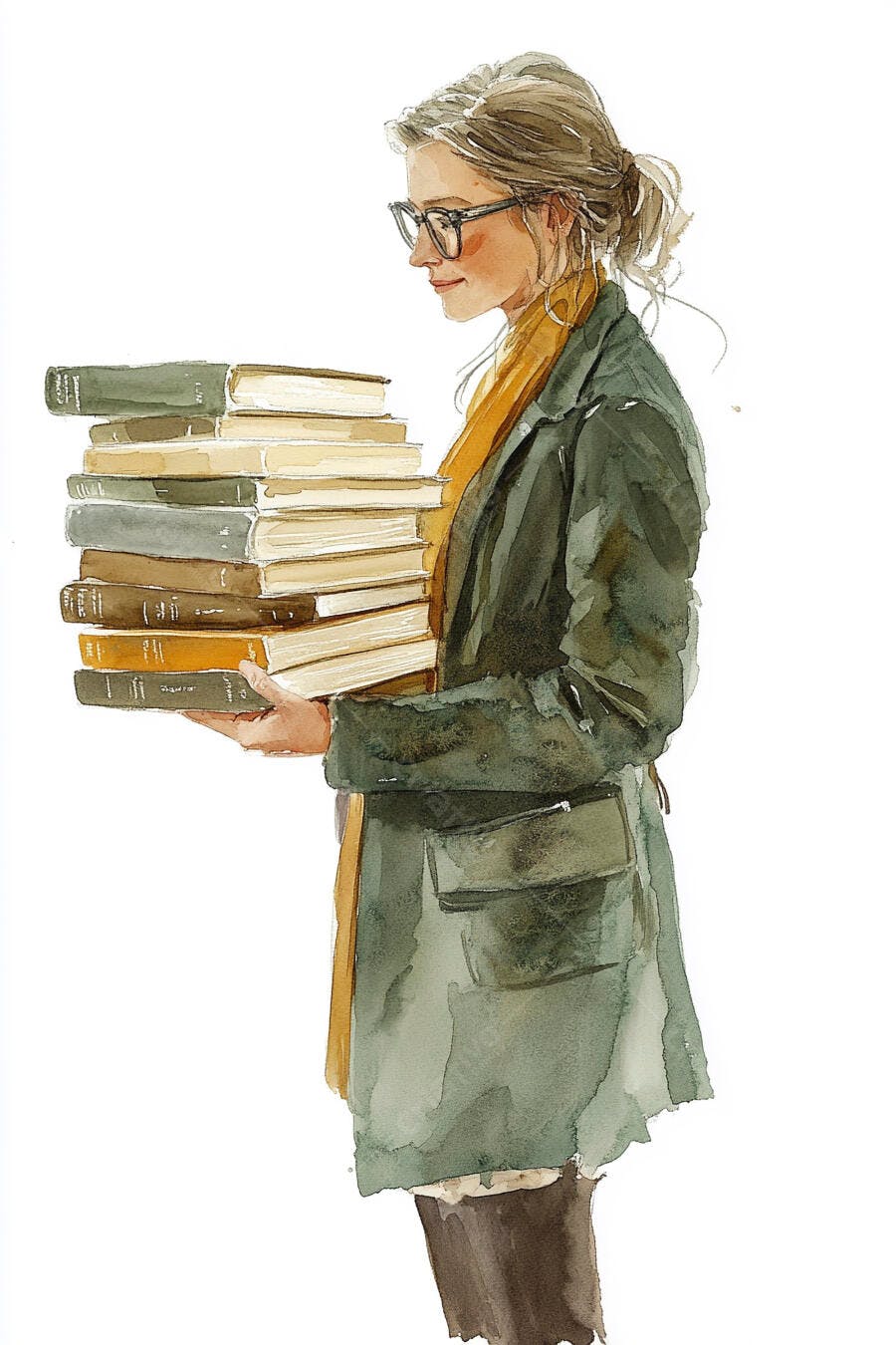 Mulher de óculos casaco verde carregando pilha de livros ilustração aquarela