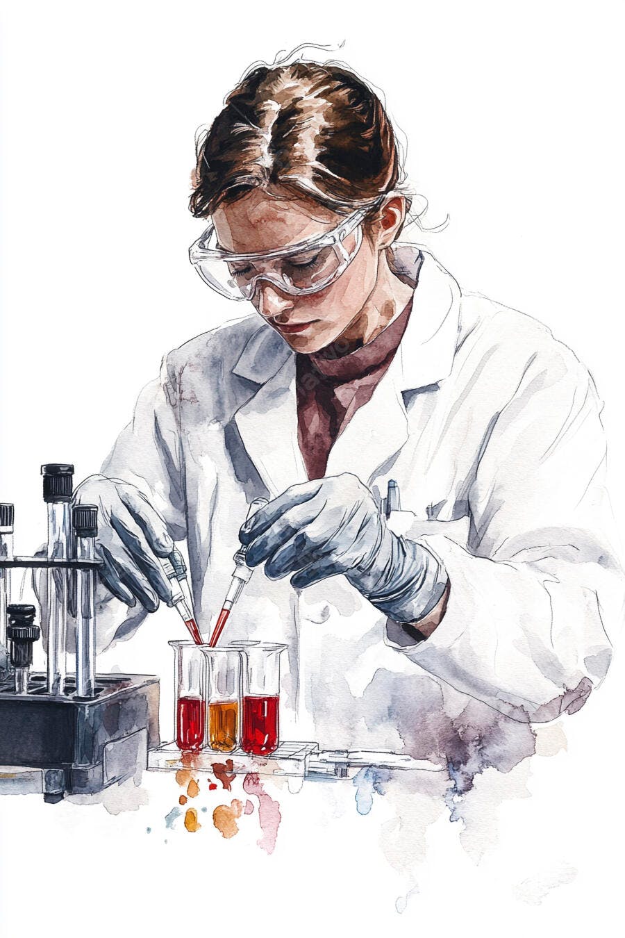 Mulher cientista branca manipulando líquidos em tubos de ensaio no laboratório