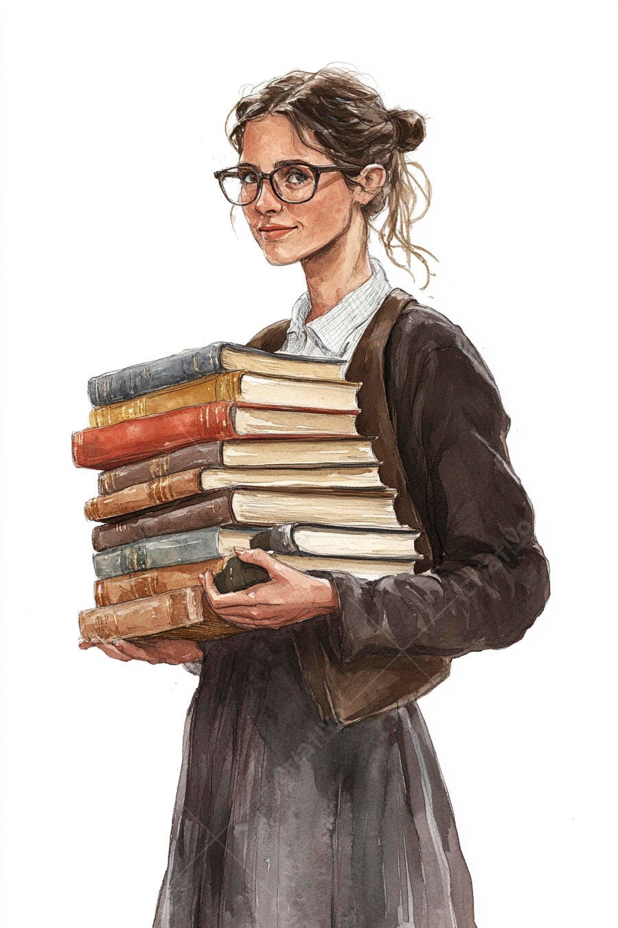 Estudante de óculos com pilha de livros sorrindo em aquarela