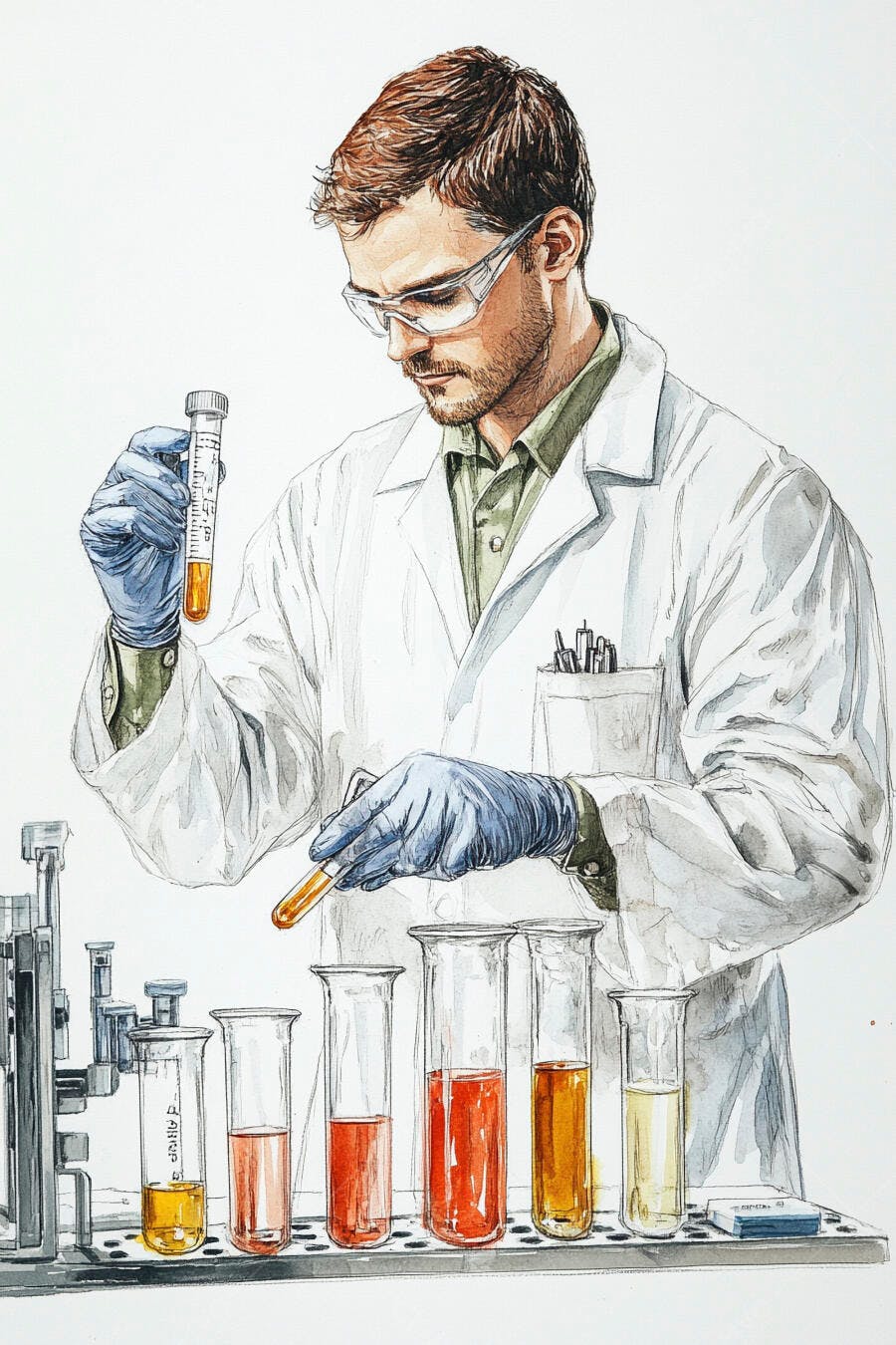 Cientista homem caucasiano analisa líquidos laranja e vermelhos em tubos de ensaio no laboratório