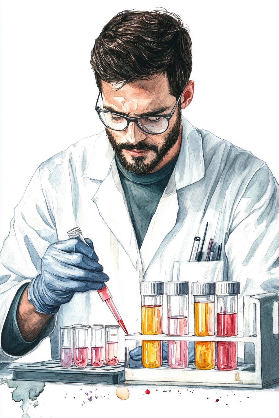 Homem cientista com barba óculos jaleco branco pipetando líquidos em laboratório