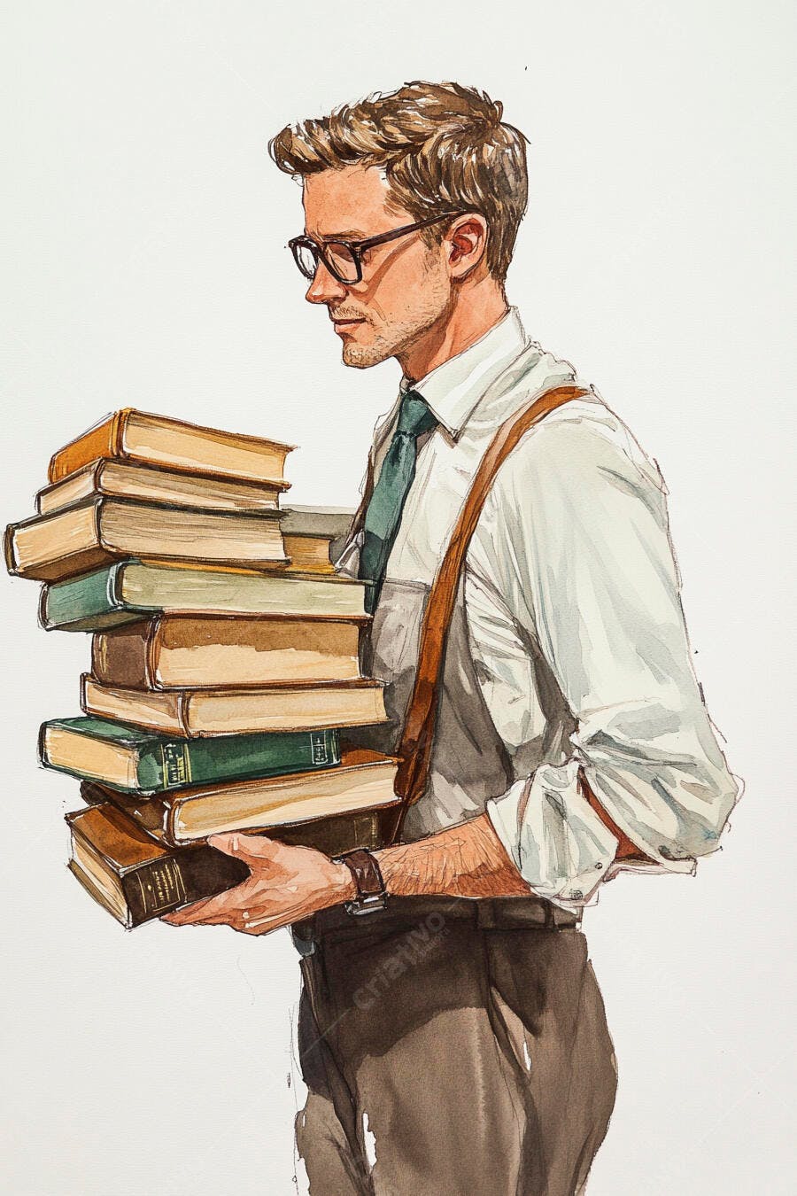 Homem caucasiano de óculos e gravata carregando pilha de livros vintage em aquarela