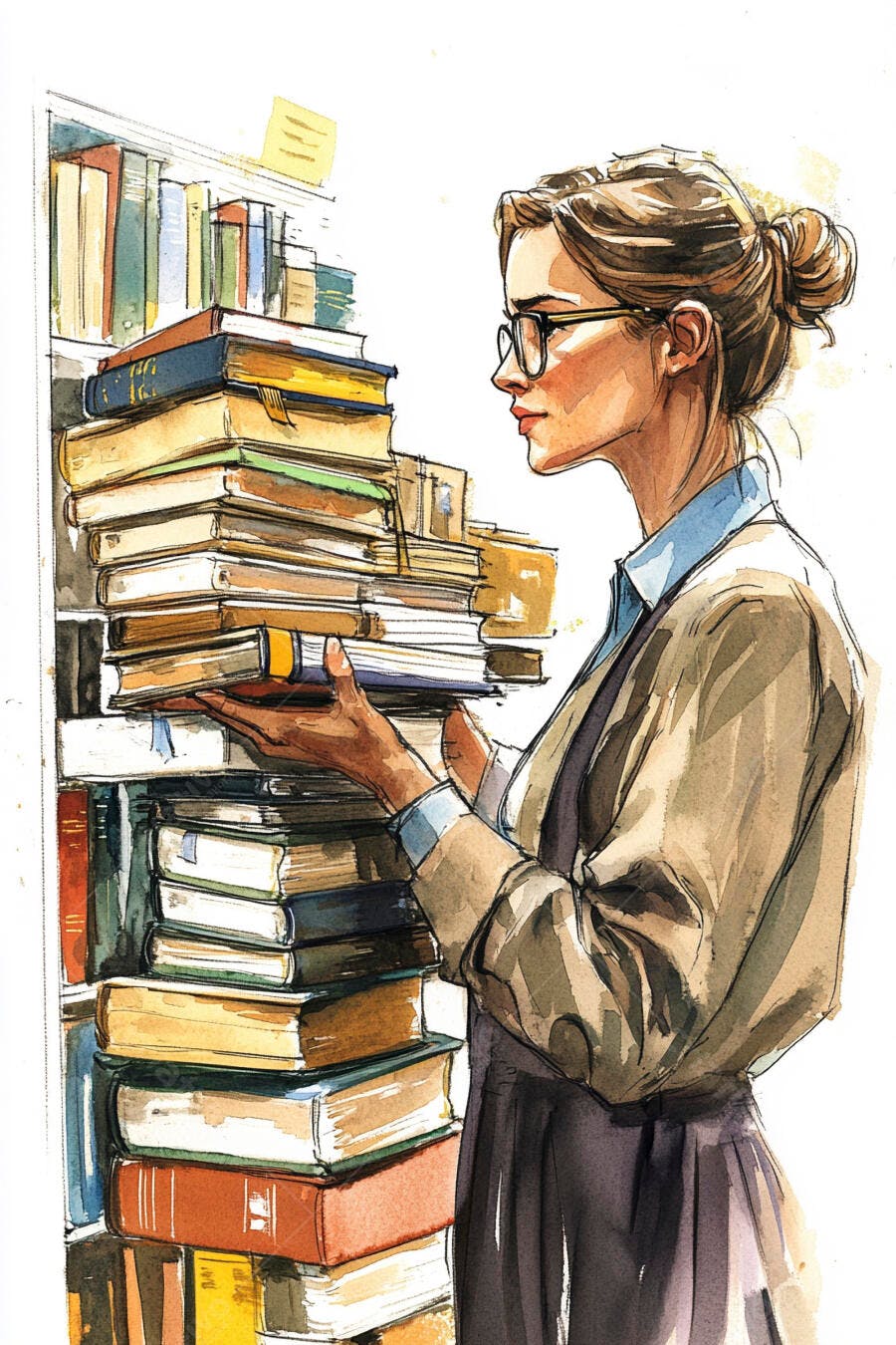 Mulher de óculos organizando livros em estante de biblioteca aquarela