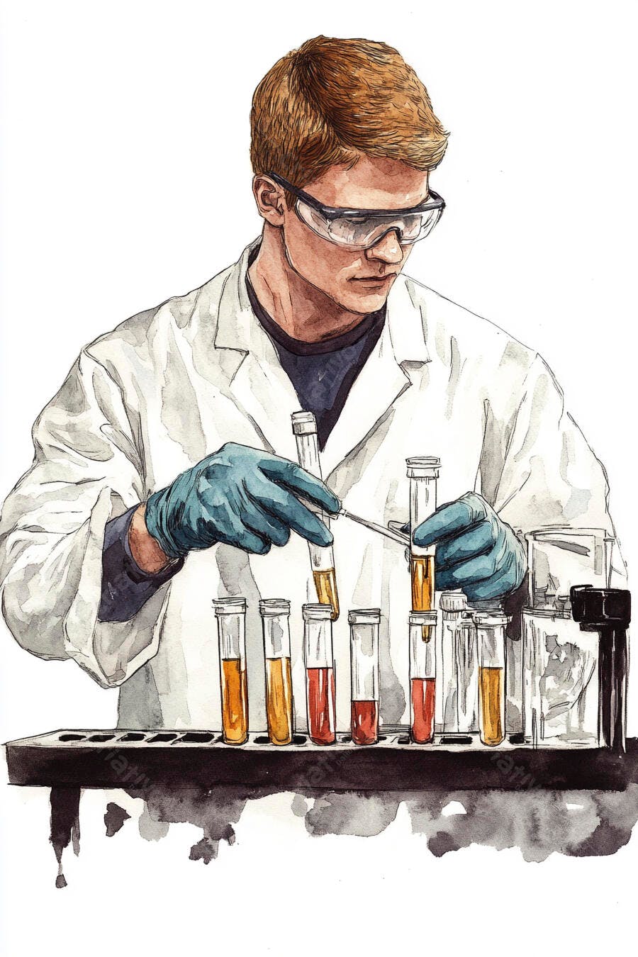 Cientista caucasiano em jaleco branco manuseando tubos de ensaio coloridos