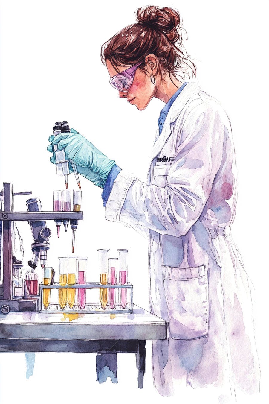 Mulher cientista em laboratório com luvas azuis e óculos de proteção roxos