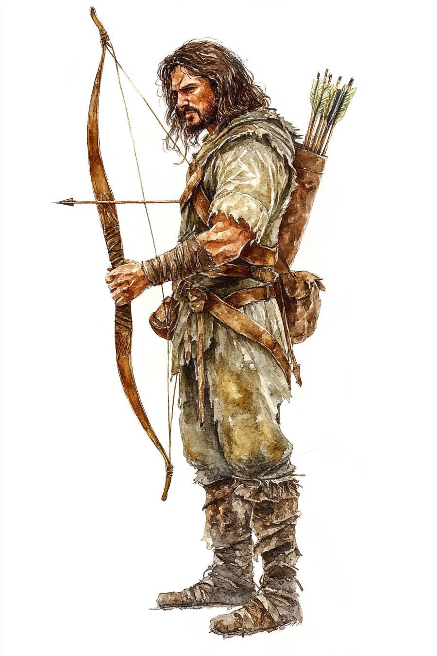 Guerreiro arqueiro homem em trajes rústicos com arco e flecha ilustração aquarela