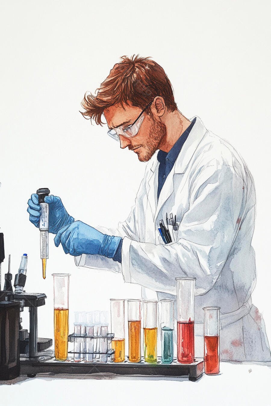 Cientista barbudo com óculos e jaleco branco manipulando líquidos coloridos