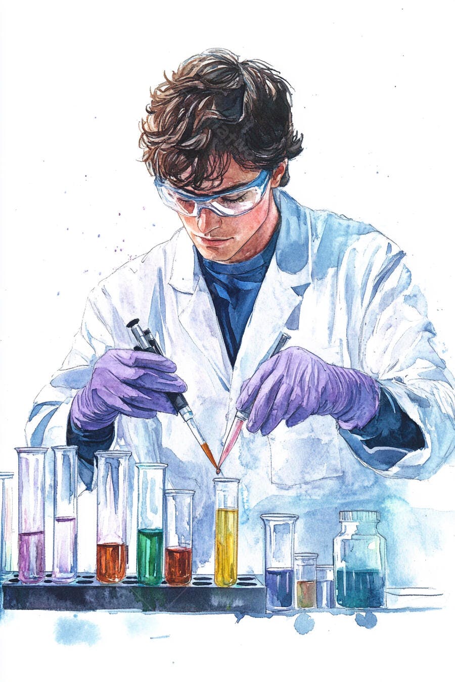Jovem cientista realizando experimento com pipeta e líquidos coloridos em laboratório