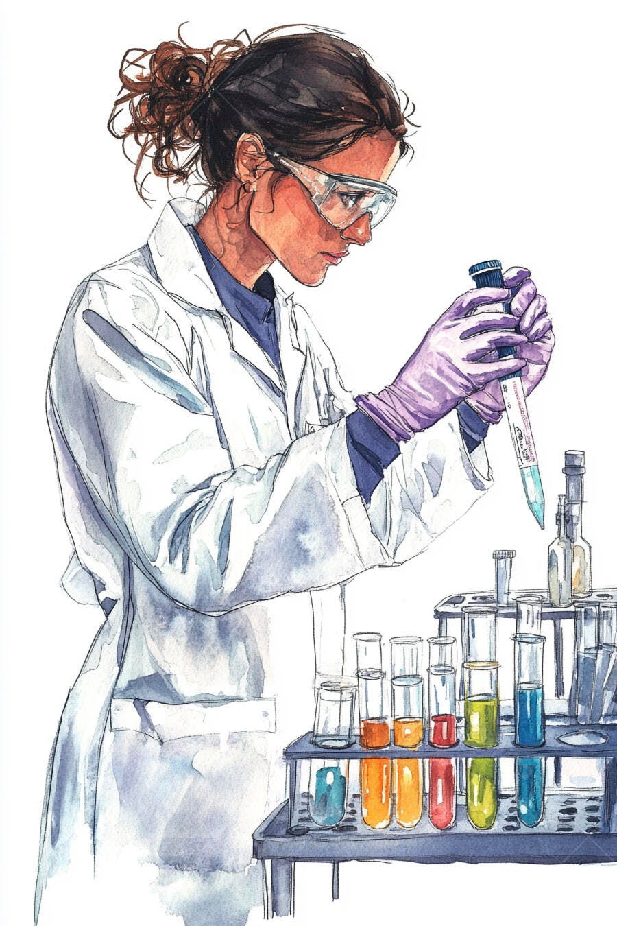 Cientista mulher em laboratório com óculos e luvas roxas manuseando tubo de ensaio