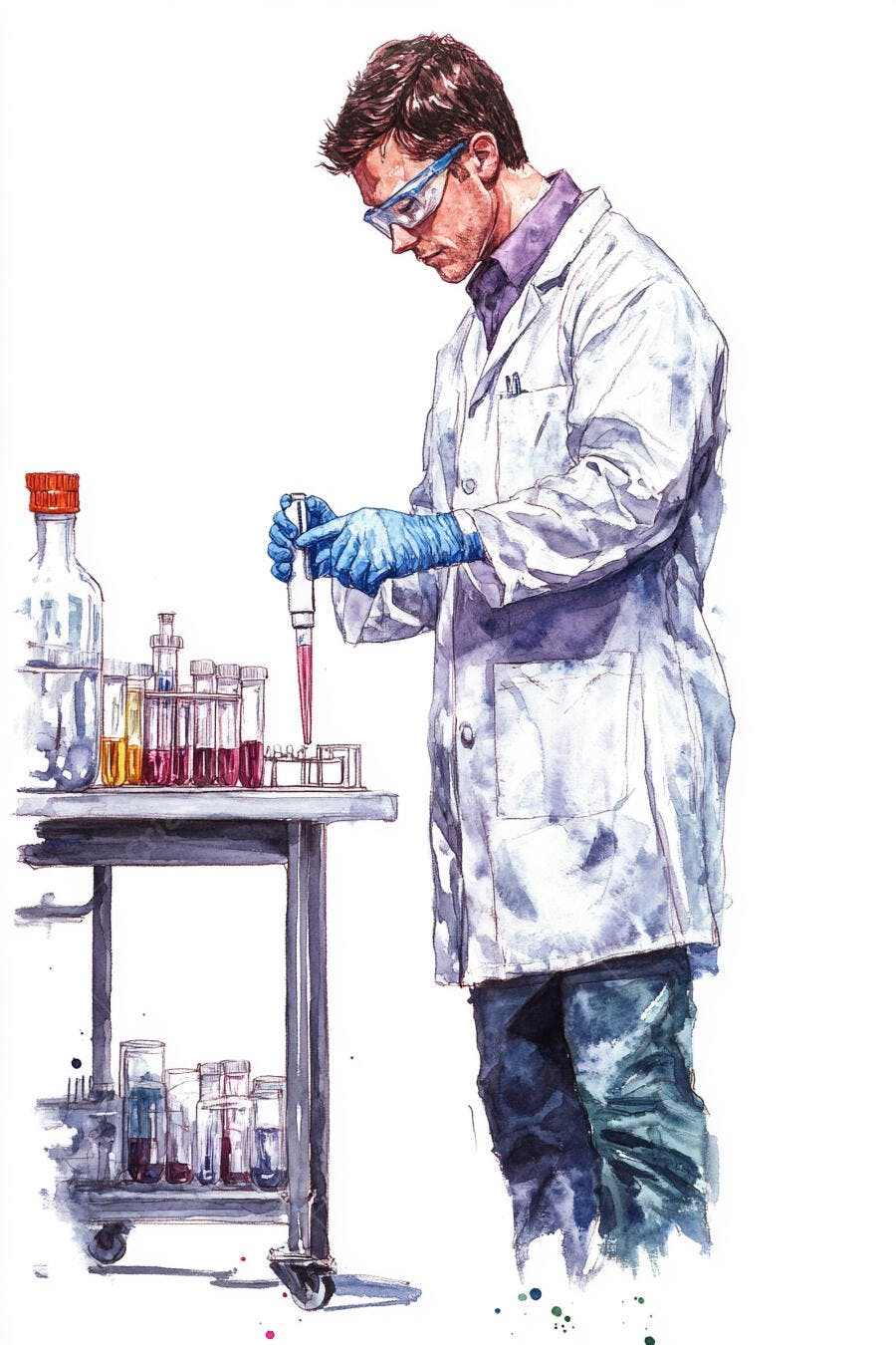 Cientista homem caucasiano com jaleco branco e luvas azuis em laboratório